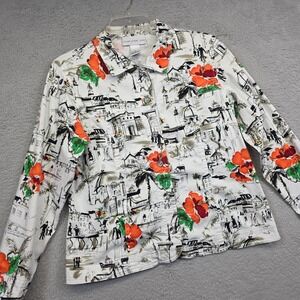 Susan Graver Style Jacket Womens S White Floral Sketch Print